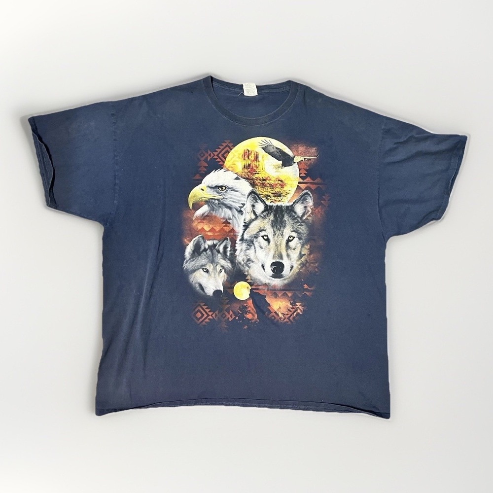 Vintage Style Wolf Eagle Moon Graphic T-Shirt 3XL Navy Wildlife